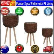 Planter 3 pcs Wicker with PE Lining Garden Outdoor Decoration Plant Stands Brown