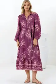 Anita Midi Dress - Button-Down Shirt Dress in Briella Print Berry