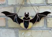 Bat over Full Moon Stained Glass Window Panel Gothic Suncatcher