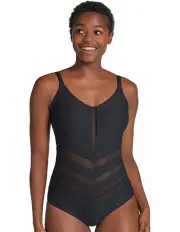 [Leonisa] Glittery Backless Tummy Shaping One-Piece Swimsuit With Mesh in Black