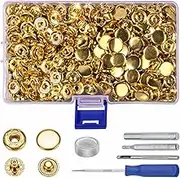 120sets Leather Snaps and Fasteners Kit, 12.5mm Gold Snap Fasteners Kit, Leather Snaps, Metal Heavy Duty Snaps with Install Tool for Leather, Clothes, Jeans Wears, Bags