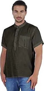 [Atasi] Short Kurta Mandarin Collar Tee Solid Short Sleeve Henley Shirt with Pocket
