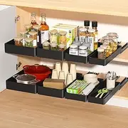 4 Pack Pull Out Cabinet Organizer, Different Size Pull Out Drawers for Cabinets, Peel and Stick Slide Out Drawer Shelves, Multifunctional Drawer Organizers for Kitchen, Pantry, Bathroom (Black)