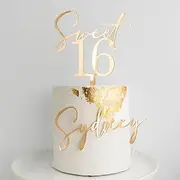 Golden Acrylic Sweet 16 Happy Birthday Cake Topper, 5.9 x 3.54inch Sixteenth Birthday Cake Topper Cheer to 16th Birthday Fancy Cake Topper