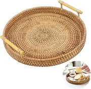 Rattan Round Bread Serving Basket Handcrafted Bread Serving Tray Platter, Round Rattan Woven Serving Tray with Handles for Bread Fruit Vegetables, Restaurant Serving & Tabletop Display Baskets (28 cm)