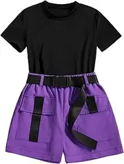 [Hilinker] Girl's Graphic 2 Piece Summer Outfits Short Sleeve Top and Cargo Shorts Set