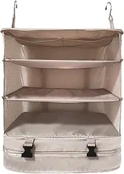 Tmzlier Portable Hanging 3-Shelf Travel Shelves Bag Packing Cube Organizer Suitcase Large Capacity Storage with 2 Hooks (Beige, X-Large)