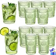 Vintage Drinking Glasses Set - 12 Pcs Textured Embossed Glassware 6 Highball Glasses 12 oz & 6 Rocks Glasses 10 oz Romantic Cocktail Cups for Iced Water Juice Tea Beverage Coffee Green