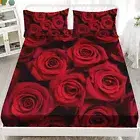 Red Rose Fitted Sheet Set Twin Size, 3D Rose Bed Sheet Set,Valentine Floral R...