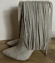 NIB Ouepiano Women's Size 9 Silver Fringe Rhinestone High Heeled Boots