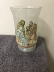 Christmas Candle Holder, glass with manger scene, Mary, Joseph, Baby Jesus, etc