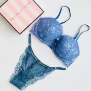 32DDD MEDIUM Victoria’s Secret blue lined demi bra set lace brazilian panties