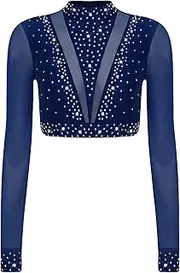 [Yihuimin] Women Glittery Rhinestone Lyrical Dance Crop Top Mesh Long Sleeve Pullover Top Ballet Dancewear