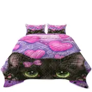 Black Kitten Cat in Love Hearts on Purple Coverlet
