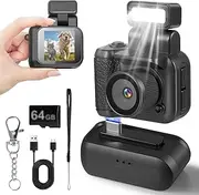 Mini Camera, 1080p Keychain Retro Camera with LED Flash, Small Digital Camera with 64 g Memory Card, Small Camera with 660 mAh Battery, Suitable for Children's Photography, Pet Photography Uhngw (64GB