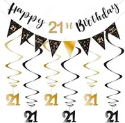 21st Birthday Decoration Kit - Happy Banner, Bunting, Swirls, Streamers, Triangle Flag for Party Supplies - Black and Gold