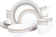 [fanquare] 16-Piece Porcelain Kitchen Dinnerware with Mug, Service for 4, Grey Fish Scale Pattern Plates, Bowls, Brown Dinner Set