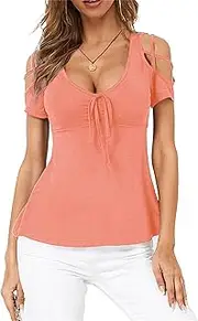[Zylphorix] Women Bow Cross Strap Off Shoulder T-Shirt Criss Cross Straps Off Shoulder Tees Plain Bow Short Sleeve Loose Tunic Tees