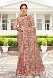 Designer Lavender Resham Zari Embroidery Stone Work Sari Net Party Wear Saree