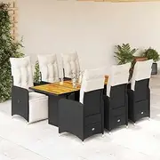 7 Piece Garden Bistro Set with Cushions Black Poly Rattan Patio Bar Sets