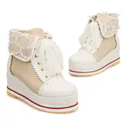 Nevenka Women Cute Lolita Boots Cosplay Brogue Wedge Boots-Beige