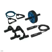 SPRI Home Gym Essentials Kit, Includes Jump Rope, Push-up Bars, Ab Wheel & Tube