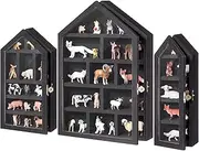 DoubleFill Set of 3 Shadow Cubby Boxes Wooden House Shaped Display Shelf 10 x 15 Inch Large Wall Mounted Display Storage Shelves for Mini Figures Curio Trinket Medals Crafts Collections(Black)