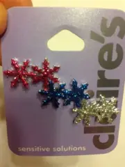 Three Pairs Of Claire's Sparkling Red Blue Silver Snowflake Earrings New!