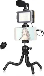 Smartphone Vlog Kit ible Tripod + Cardioid Microphone + Extendable Phone Clip + Bi-Color Light with Adjustable Brightn for Live Stream Vlog Video ing Video Conference Selfie