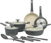 [Oster] Premium Rooney 12 Piece Cast Aluminum Pots and Pans PFA Free Ceramic Non Stick Induction Kitchen Cookware Set - Grey