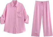 [Generic] Women's Blouse Lapel Button Shirt Top High Waisted Wide Leg Pants Set Loose Two Piece Set