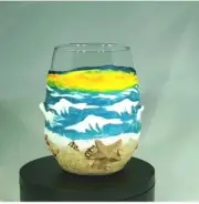 Hand Sculpted Art on Stemless Wine Glass ~ Ocean Beach Paradise Seascape