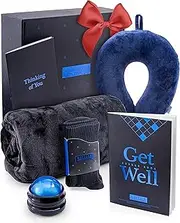 Get Well Soon Gift Basket – Care Package for Men w/Memory Foam Pillow, Massage Roller, Plush Blanket, Socks, Puzzle Book, Greeting Card Curated After Surgery Navy Blue GETWELL M