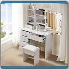 Modern Dressing Table Stool Set W/ Sliding Makeup Mirror &LED Lights Vanity Desk