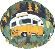 Happy Bus Camper Print Shower Cap For Women Men Reusable Lightweight Soft Bath Hair Cap With Elastic Band