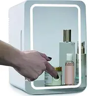 Mini Fridge for Bedrooms, 8L 12 Can Portable Cooler and Warmer with LED Mirror, Three-Speed Lighting Adjustment and Smart Thermostat, 360° Sealed Environment, Two Floors, for Cosmetic