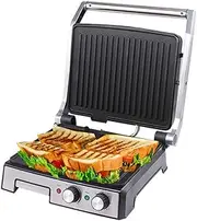 Commercial Panini Press Sandwich Maker, 2000W Electric Contact Grills, Double-Sided Heating Non Stick Cooking Plates, Adjustable Temperature Timer, Opens 180° Large Plates, for Home BBQ