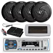 Pyle Bluetooth Marine Radio, Cover, Antenna,Amp w/Kit, 4x 8'' 320W Black Speaker