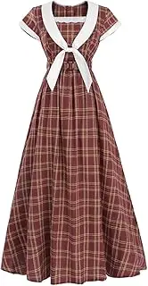 [Nuoqi] Christmas Plaid Dress Women Red Vintage Christmas Dress 1950s Outfit Bow Tie Retro Dress