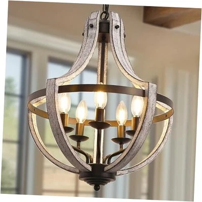17" Modern Farmhouse Chandelier, 5-Light Adjustable Height 17inch Grey Wood
