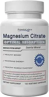 Magnesium Citrate - 100% NonGMO Safe from Additives, Stearates, Gluten and Other Allergens - Powerful Dose for Sleep, Headaches, Cramps, Twitches - 1,250mg Citrate, 120 Vegetable Caps