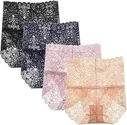 [HEJIGOOD] Cheeky Lace Underwear for Women High Waist Briefs Seamless Bonded Full Coverage Hipster Panties 4 Packs,M-3XL