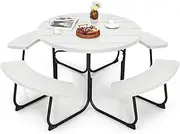 Costway 8-Person Round Picnic Table Bench Set, Outdoor Circular Picnic Table with 4 Benches & Umbrella Hole, 225 KG Capacity, All Weather Camping Table for Garden Yard Patio Lawn (White)