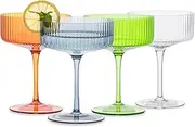 INSETLAN Colorful Ribbed Crystal Coupe Glasses - 4 Pack, Premium Martini Glasses Crystal, Handmade, 10 oz Capacity, Elegant Stemware for Cocktails, Champagne, Desserts, and More