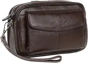 [FAOONNMY] Men's Genuine Leather Clutch Bag Long Wallet with Detachable Wrist Strap, Small Phone Business Handbag Large Capacity Zipper Travel Pouch Coin Purse, Casual Leather Wristlet Bag for Gift Coffee