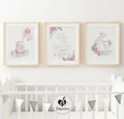 Nursery Wall Art Prints Elephants, Sparkle, Moon, Floral, Clouds, Balloons