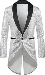 [SWJGLITTR] Mens Sequin Tailcoat Suit Jacket Slim Fit One Button Swallowtail Jacket Dinner Party Tuxedo Blazer Coat, Silvery, S