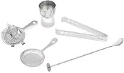 Set of 5 Stainless Steel Cocktail Set (Julep Strainer, Cocktail Mixing Spoon with Masher 30cm, 4 Prong Hawthorn Cocktail Strainer, Ice Tong 5.5", Peg Measure 30 x 60ml) | Bar Tool Set