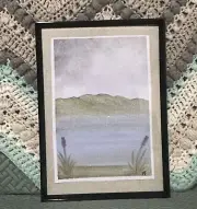 Watercolour Painting Original Art Framed Metallic Landscape Water Mountains