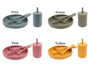Baby Feeding Set 4pc Silicone Suction Toddler Weaning Plate Sippy Cup Fork Spoon
